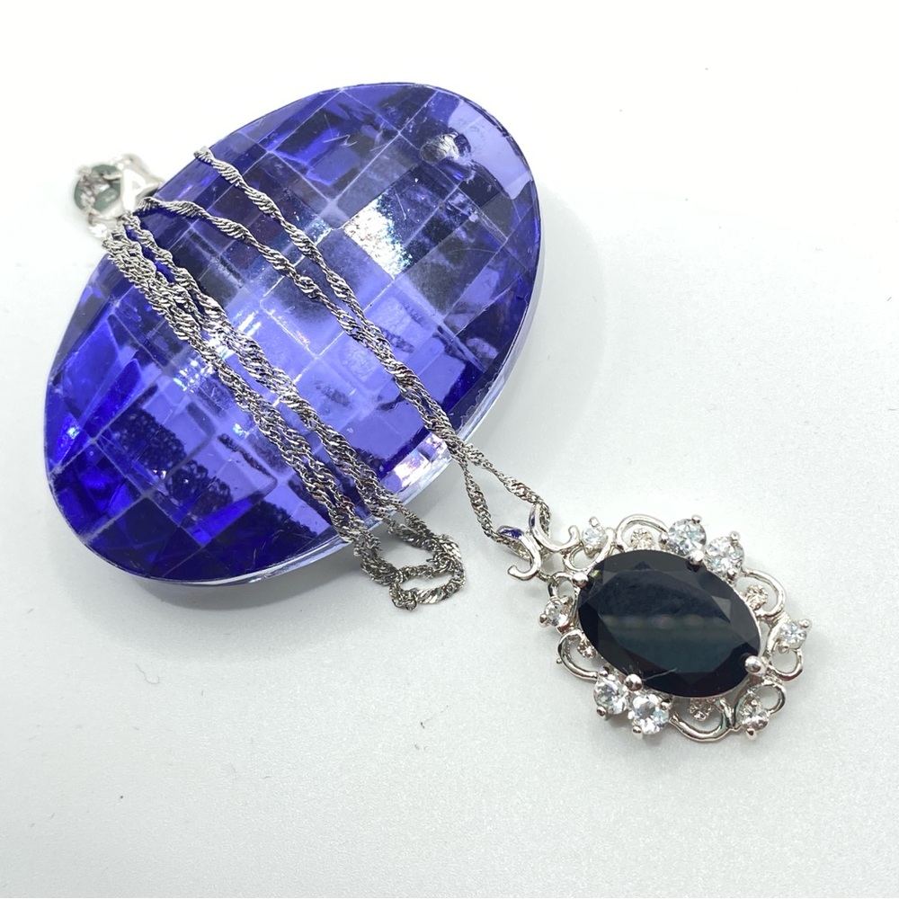 VJ Italy .925 Black Stone Pendant Filigree Rhinestones On 17' Chain - Picture 8 of 12